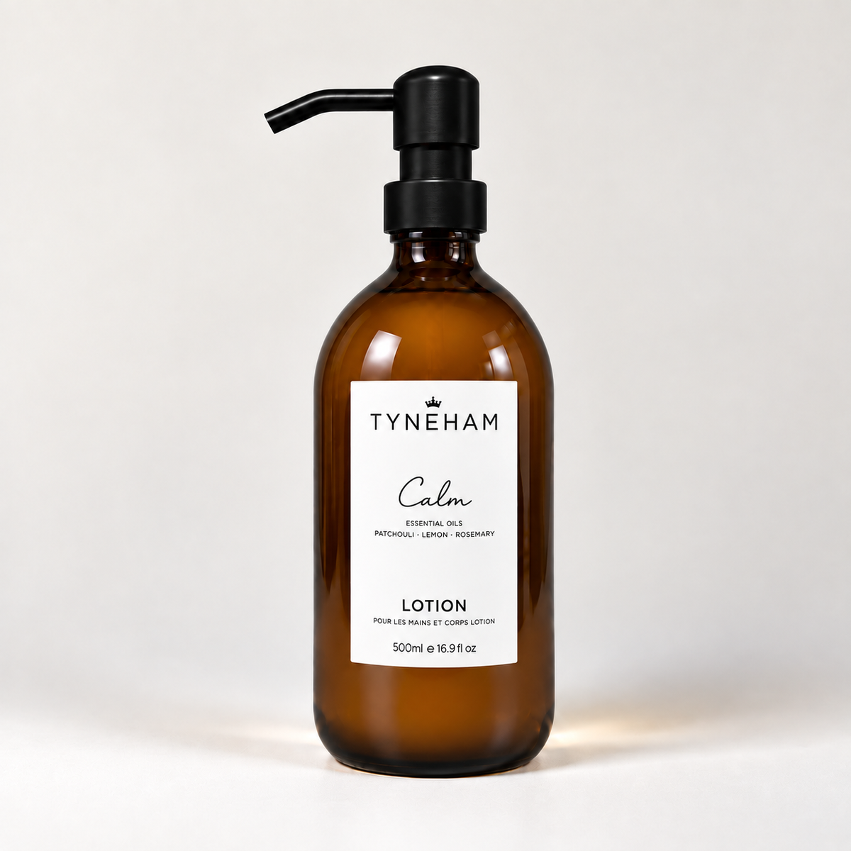 Tyneham Calm Hand &amp; Body Lotion 500ml amber glass bottle with black pump