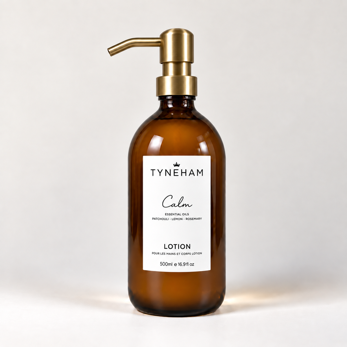 Tyneham Calm Hand &amp; Body Lotion 500ml amber glass bottle with brass pump