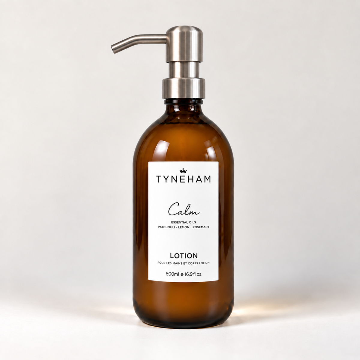 Tyneham Calm Hand &amp; Body Lotion 500ml amber glass bottle with silver pump