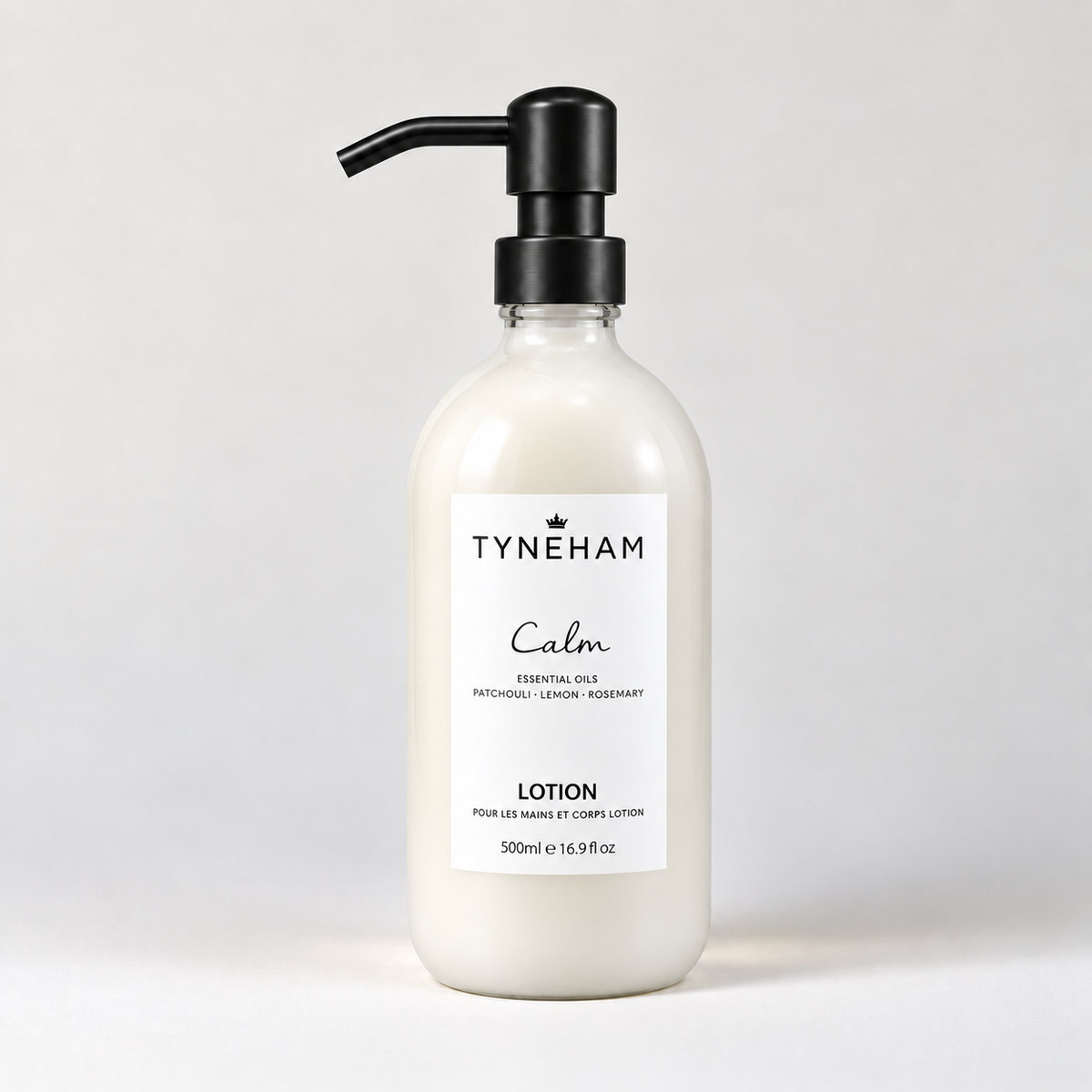 Tyneham Calm Hand &amp; Body Lotion 500ml clear glass bottle with black pump