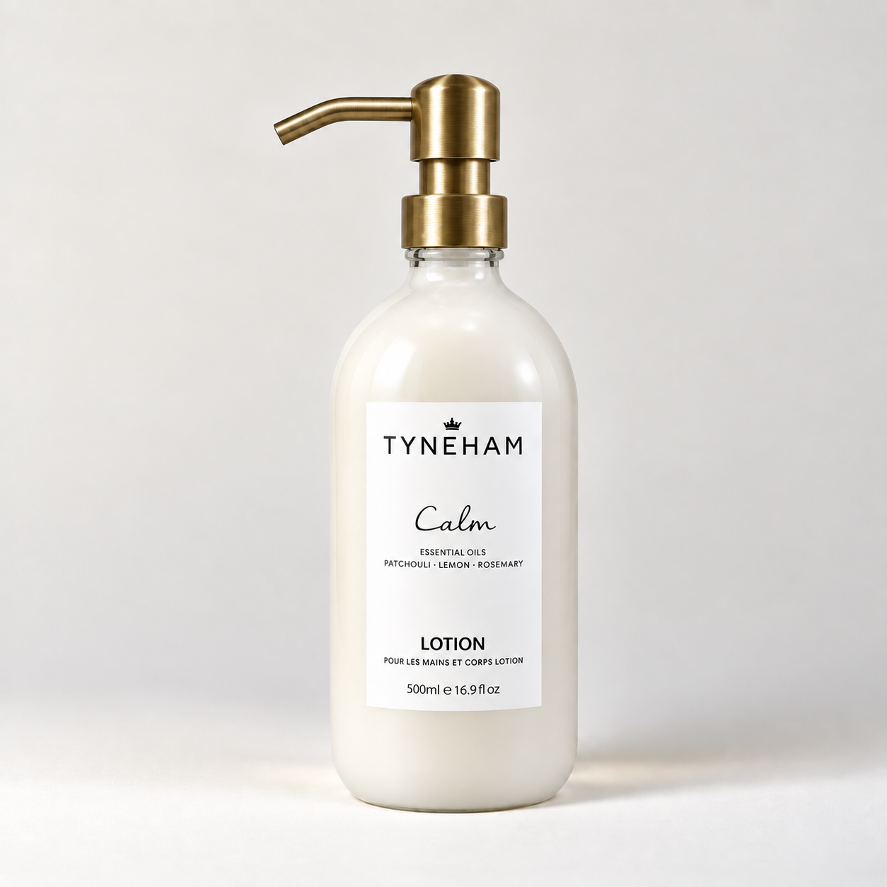 Tyneham Calm Hand & Body Lotion 500ml clear glass bottle with silver pump