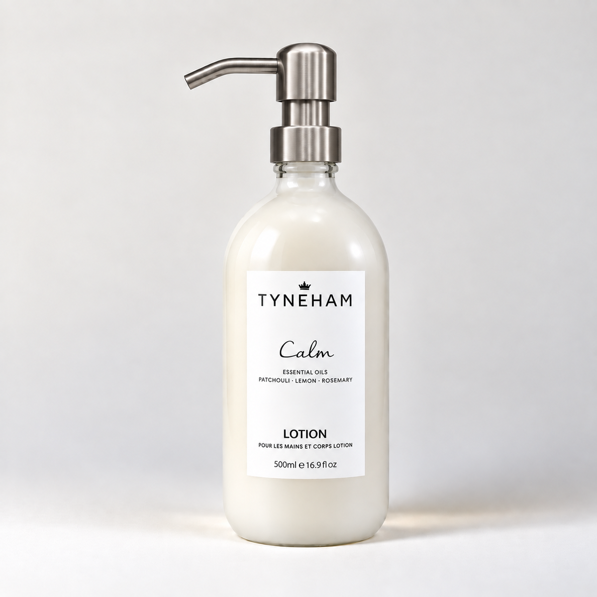Tyneham Calm Hand &amp; Body Lotion 500ml clear glass bottle with silver pump