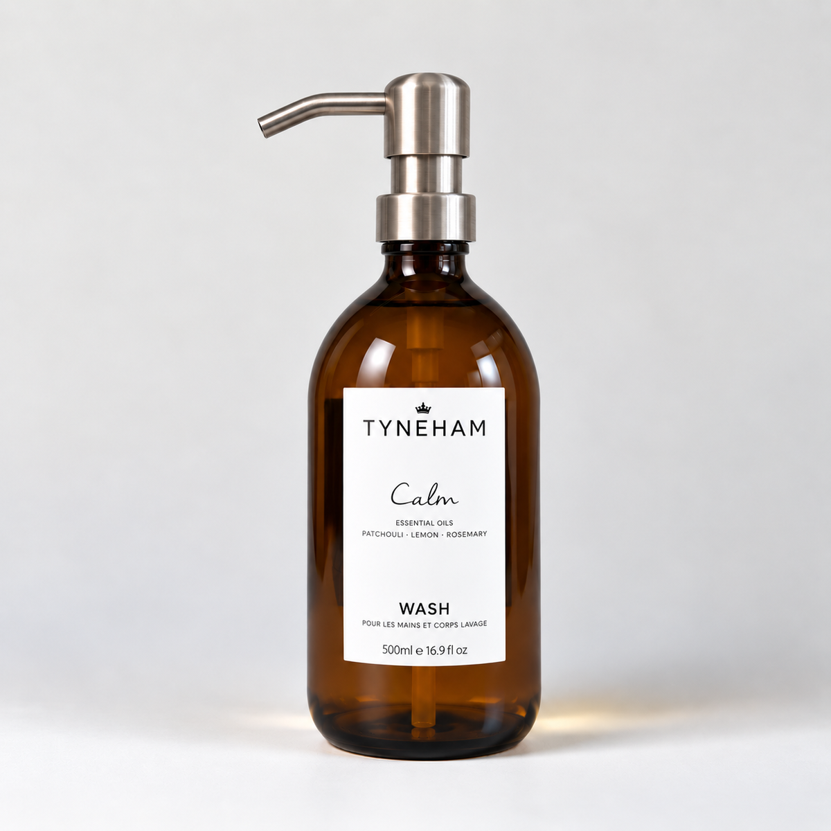 Tyneham Calm Hand &amp; Body Wash 500ml amber glass bottle with silver pump