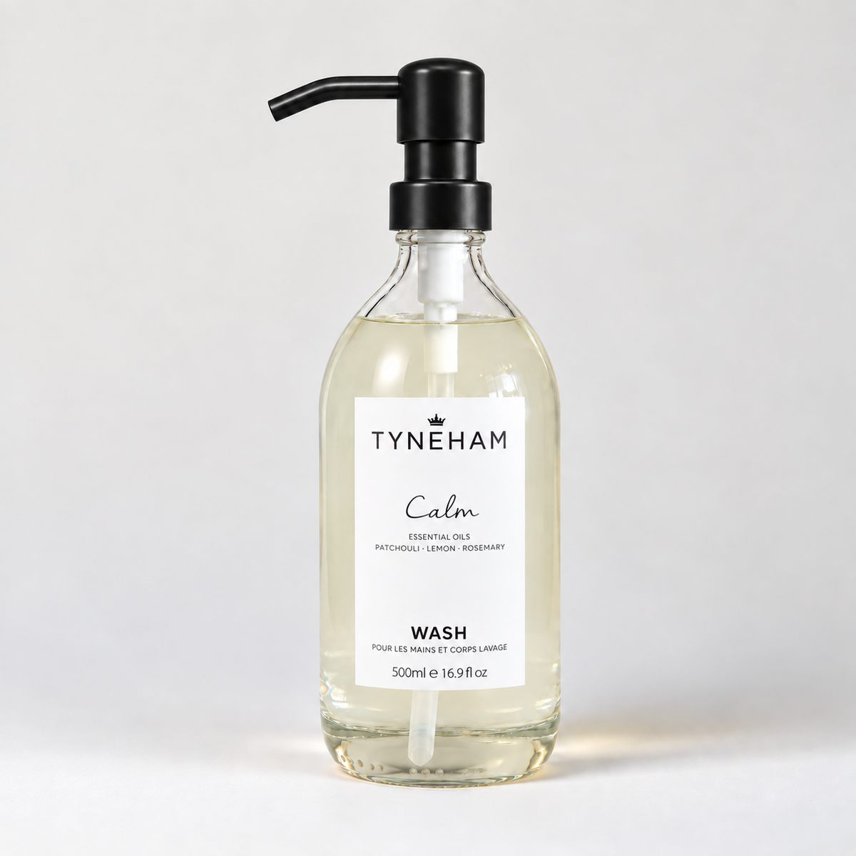 Tyneham Calm Hand &amp; Body Wash 500ml clear glass bottle with black pump