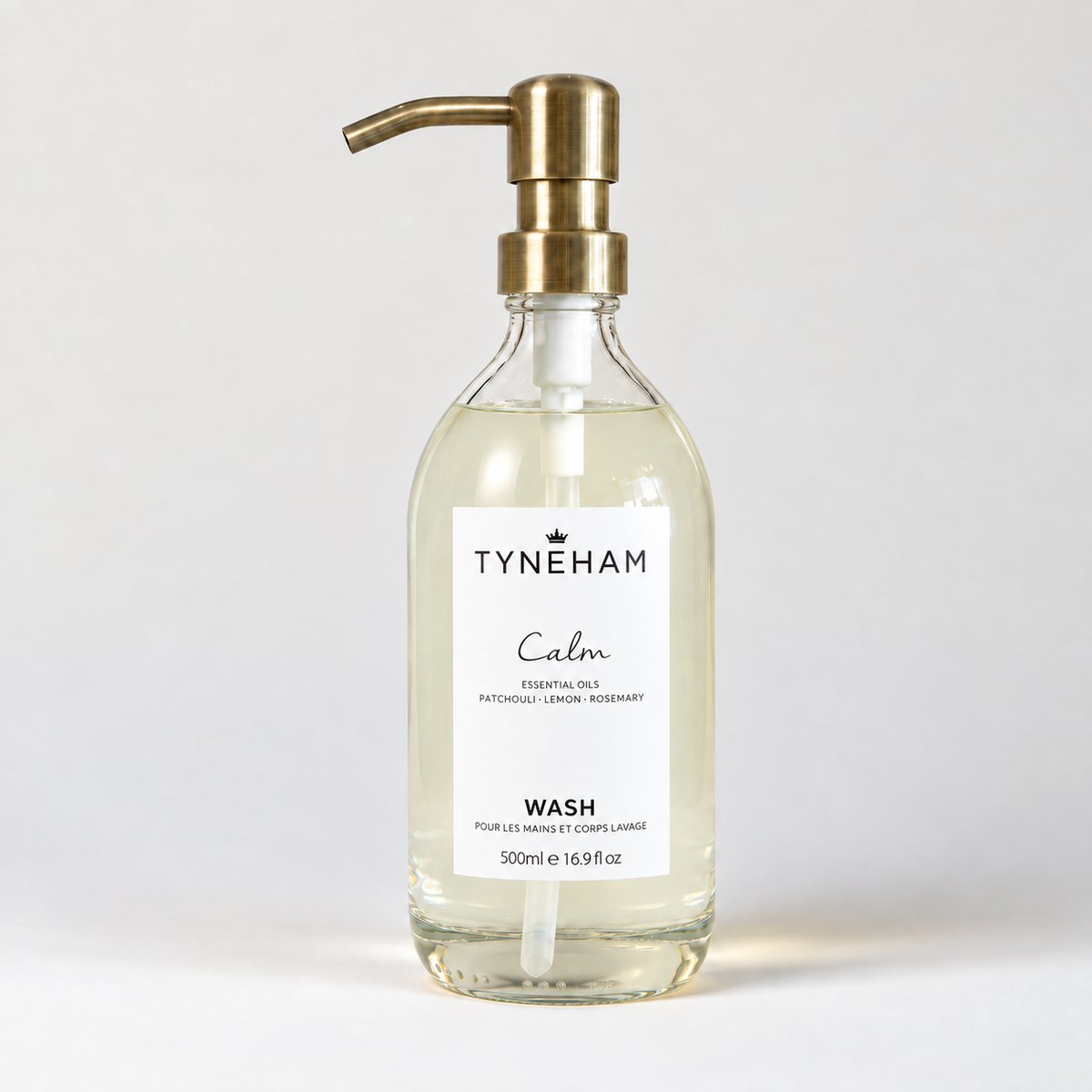 Tyneham Calm Hand &amp; Body Wash 500ml clear glass bottle with brass pump