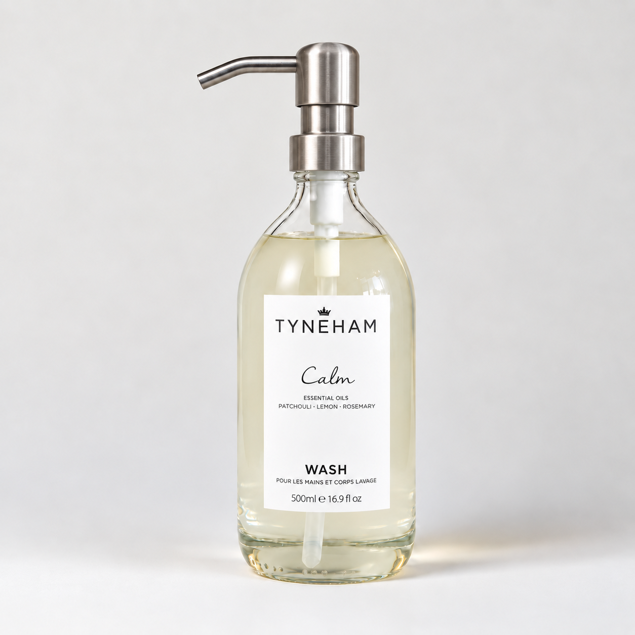 Tyneham Calm Hand & Body Wash 500ml clear glass bottle with silver pump