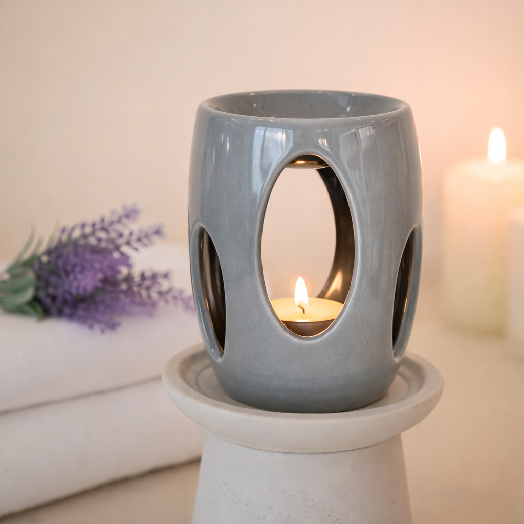 Grey wax melt ceramic burner with a lit tealight candle and a blurred background