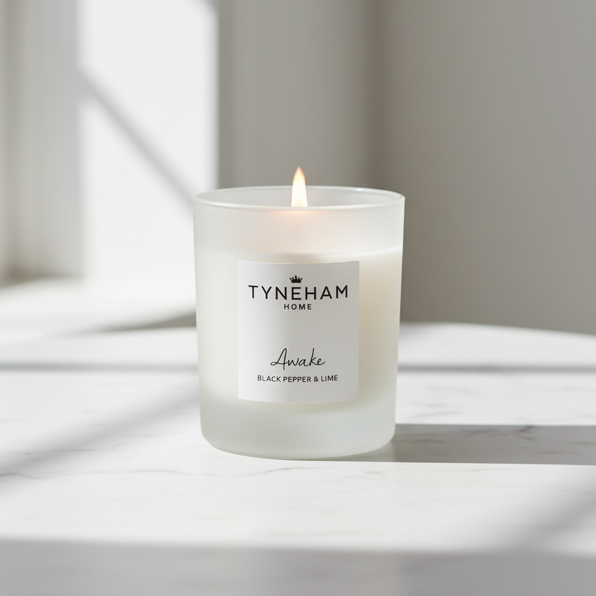 Candle with a Tyneham Home label on a light surface, with a window in the background