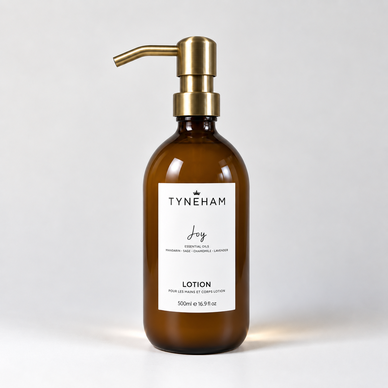 Tyneham Joy Hand & Body Lotion 500ml amber glass bottle with brass pump