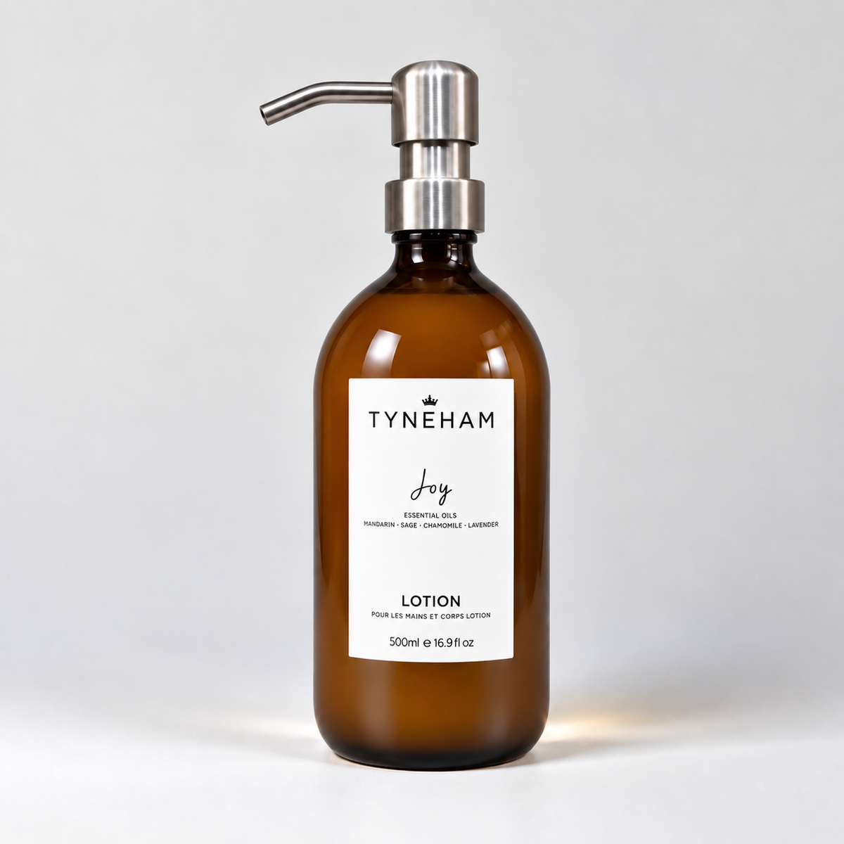Tyneham Joy Hand &amp; Body Lotion 500ml amber glass bottle with silver pump