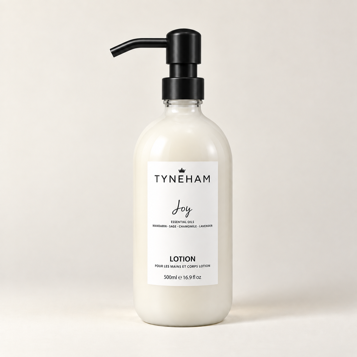 Tyneham Joy Hand &amp; Body Lotion 500ml clear glass bottle with black pump