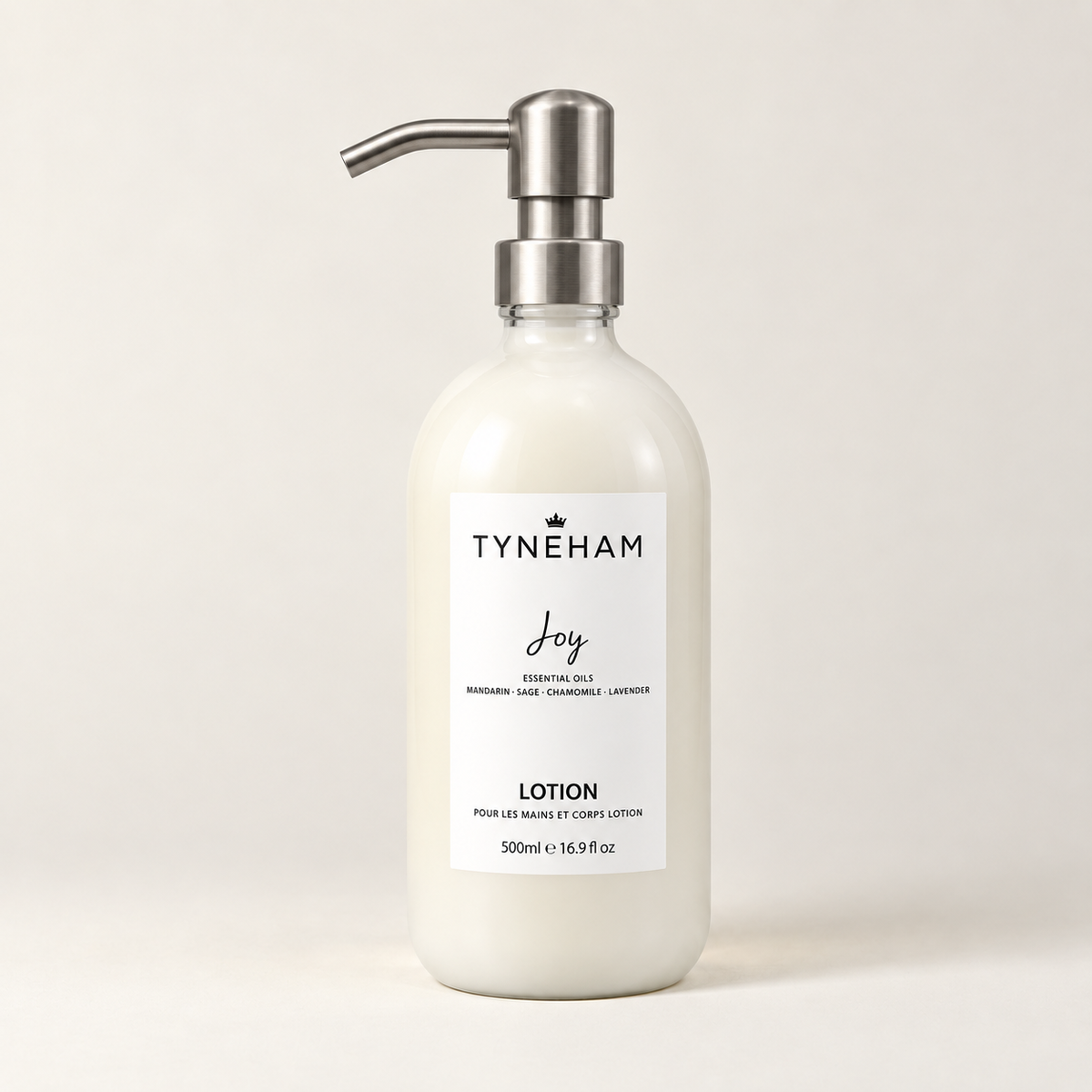 Tyneham Joy Hand &amp; Body Lotion 500ml clear glass bottle with silver pump