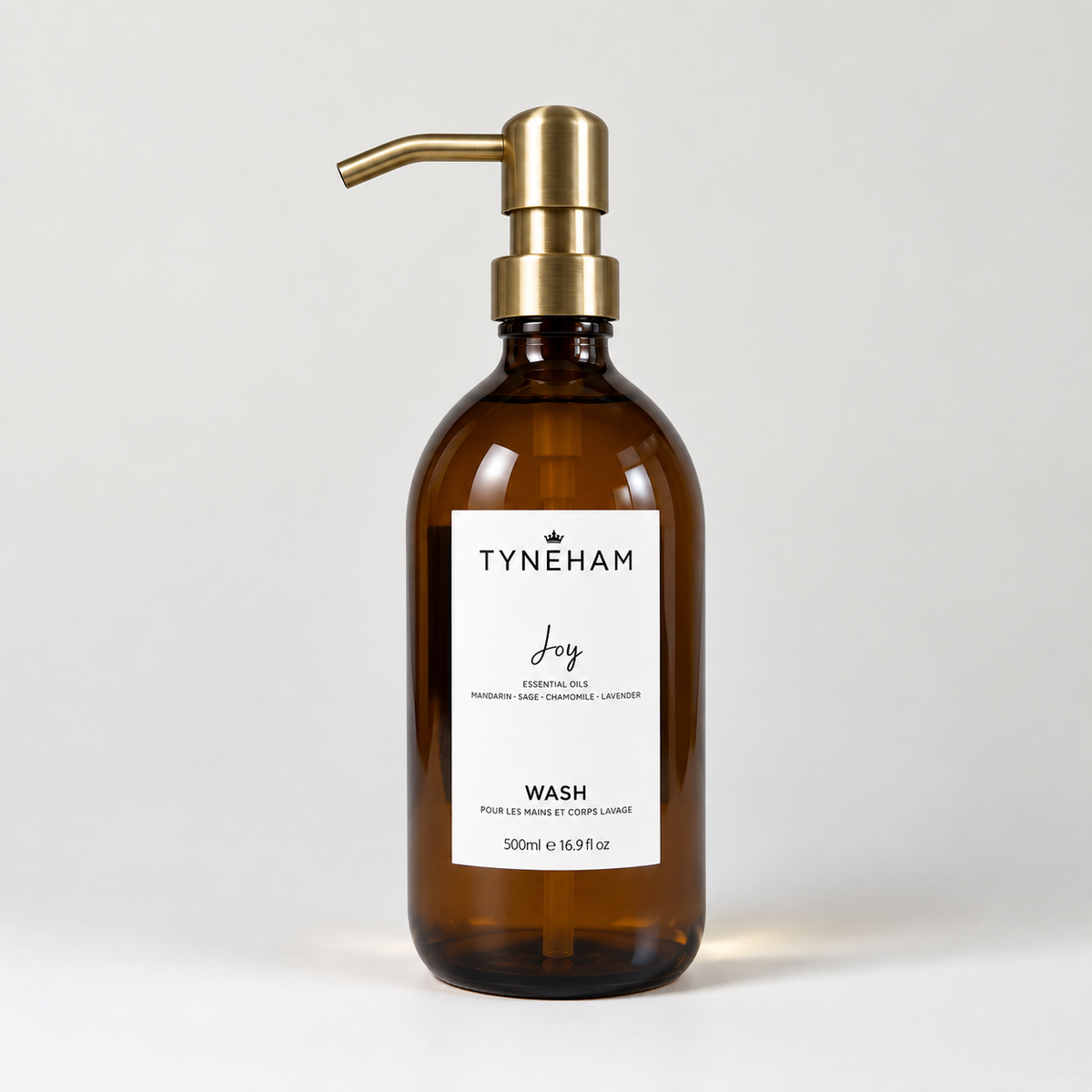 Tyneham Joy Hand &amp; Body Wash 500ml amber glass bottle with brass pump