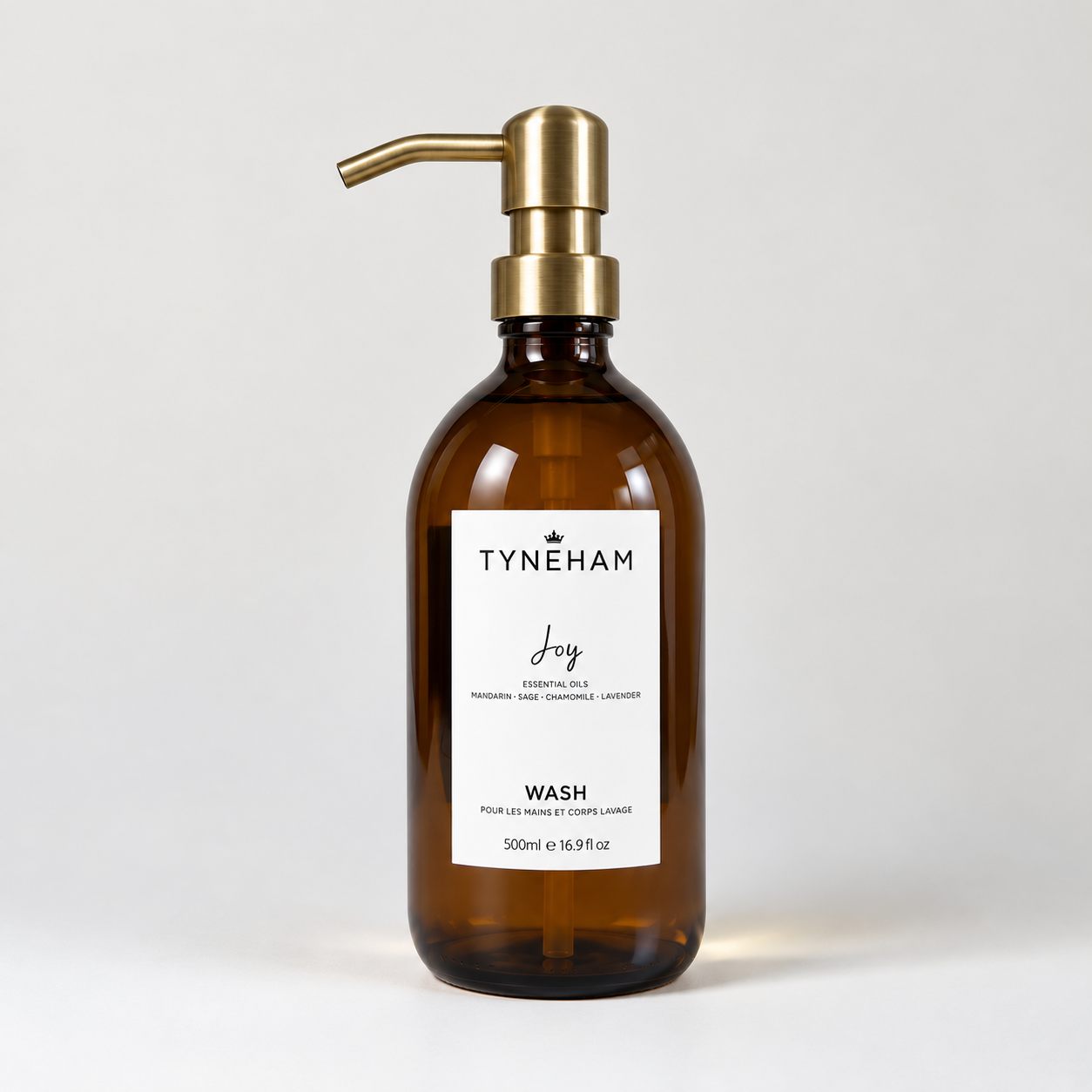 Tyneham Joy Hand & Body Wash 500ml amber glass bottle with brass pump
