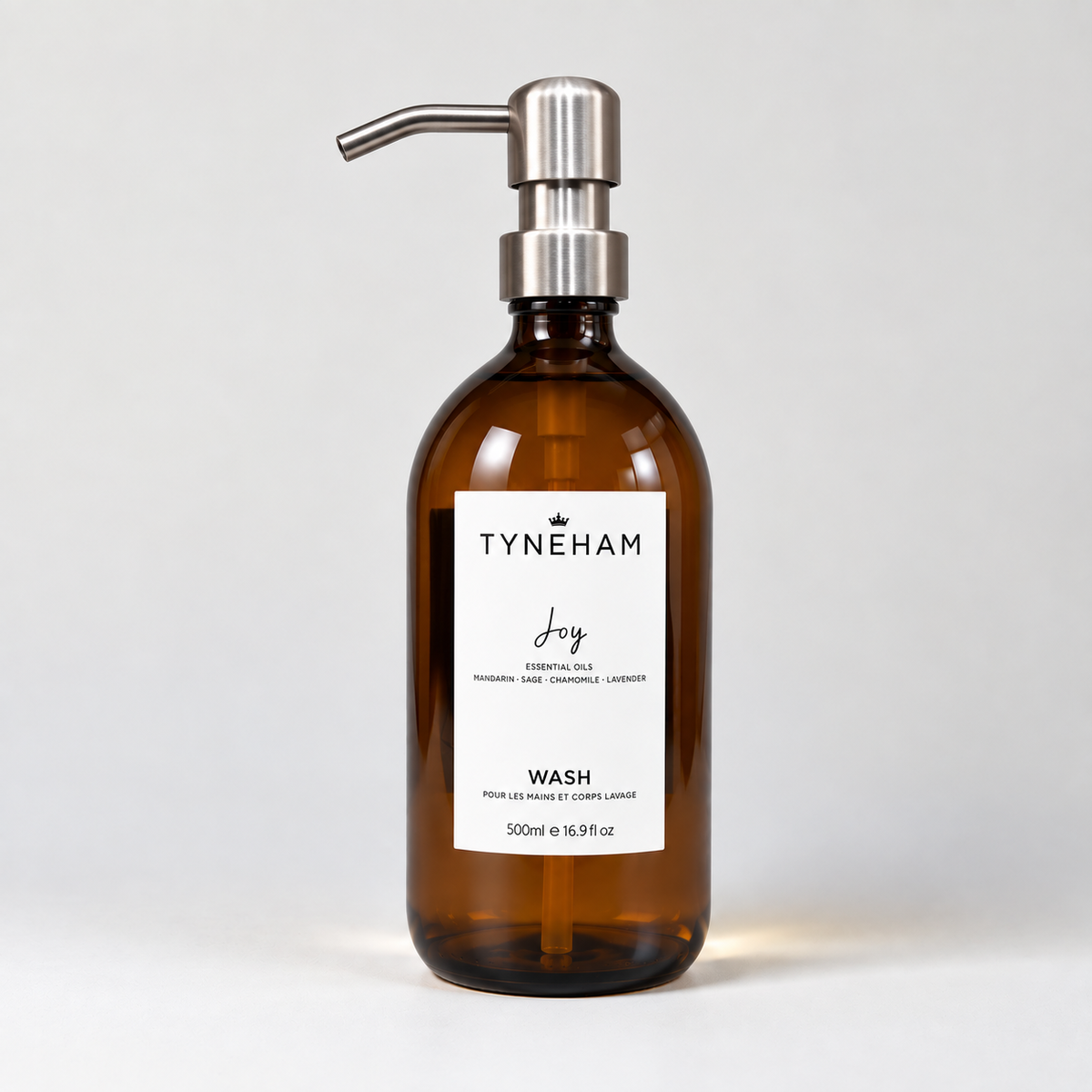 Tyneham Joy Hand &amp; Body Wash 500ml amber glass bottle with silver pump