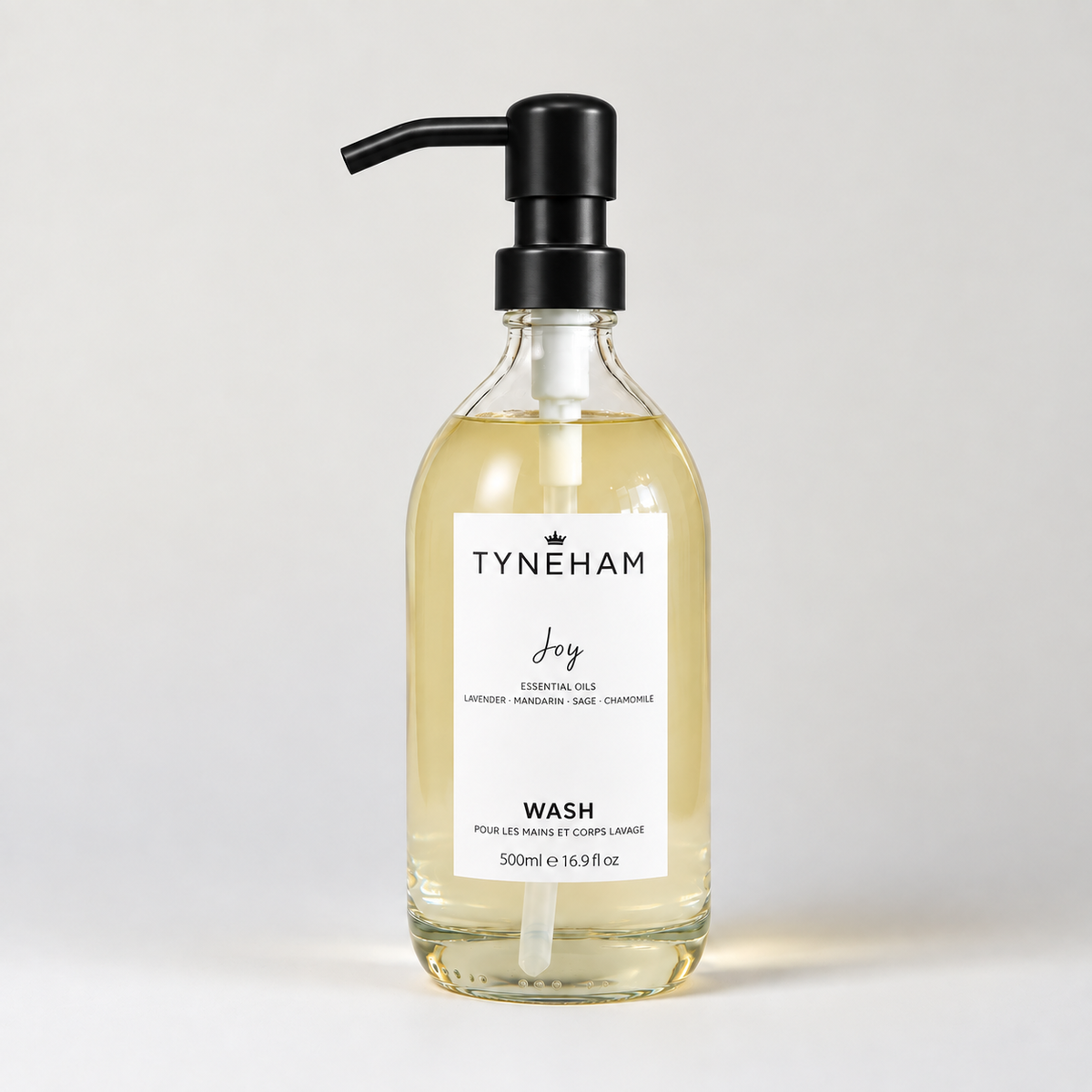 Tyneham Joy Hand &amp; Body Wash 500ml clear glass bottle with black pump