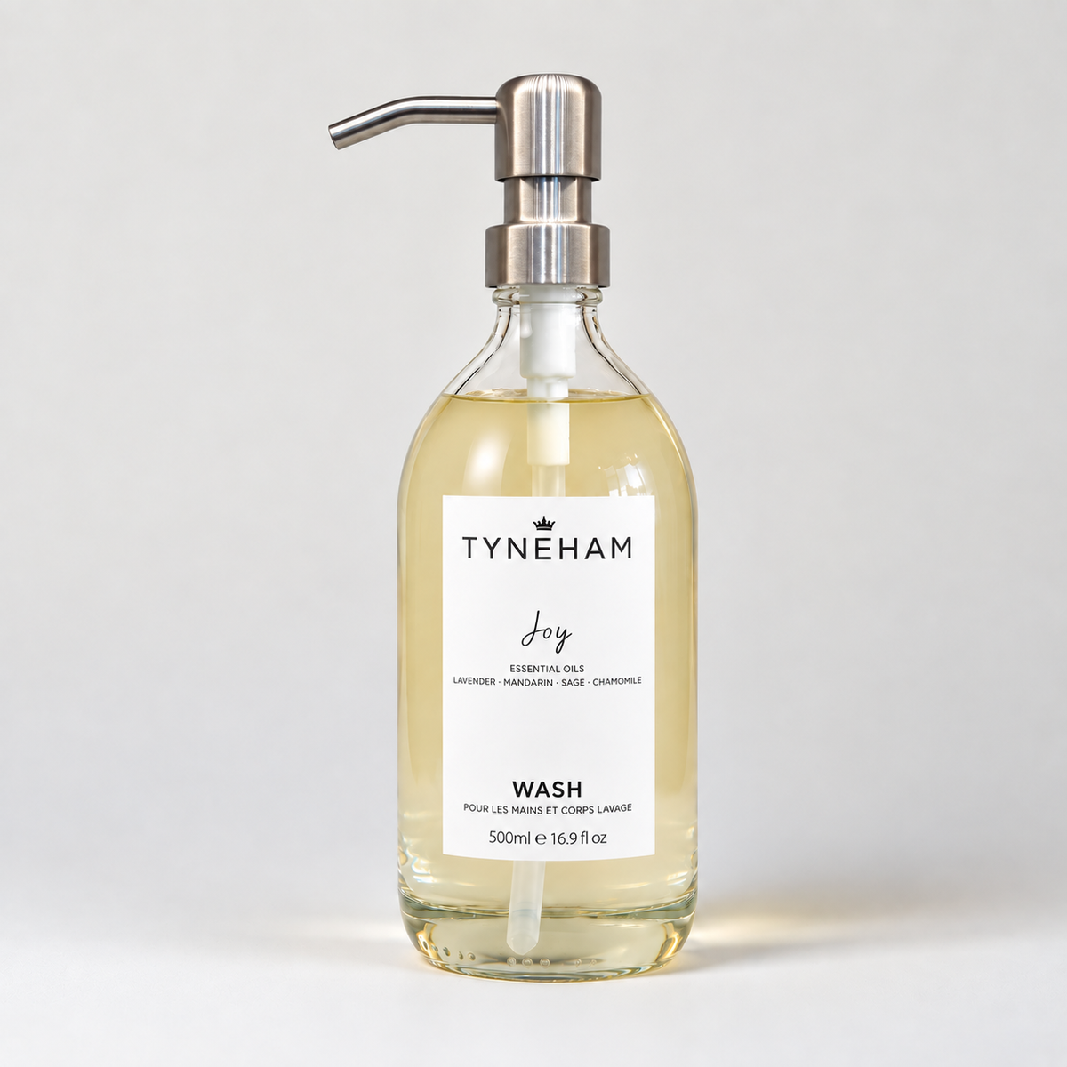 Tyneham Joy Hand &amp; Body Wash 500ml clear glass bottle with silver pump
