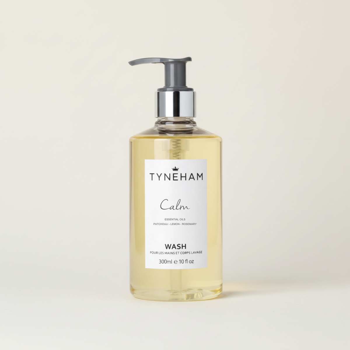 Tyneham Calm hand and body wash bottle with pump on a light gray background