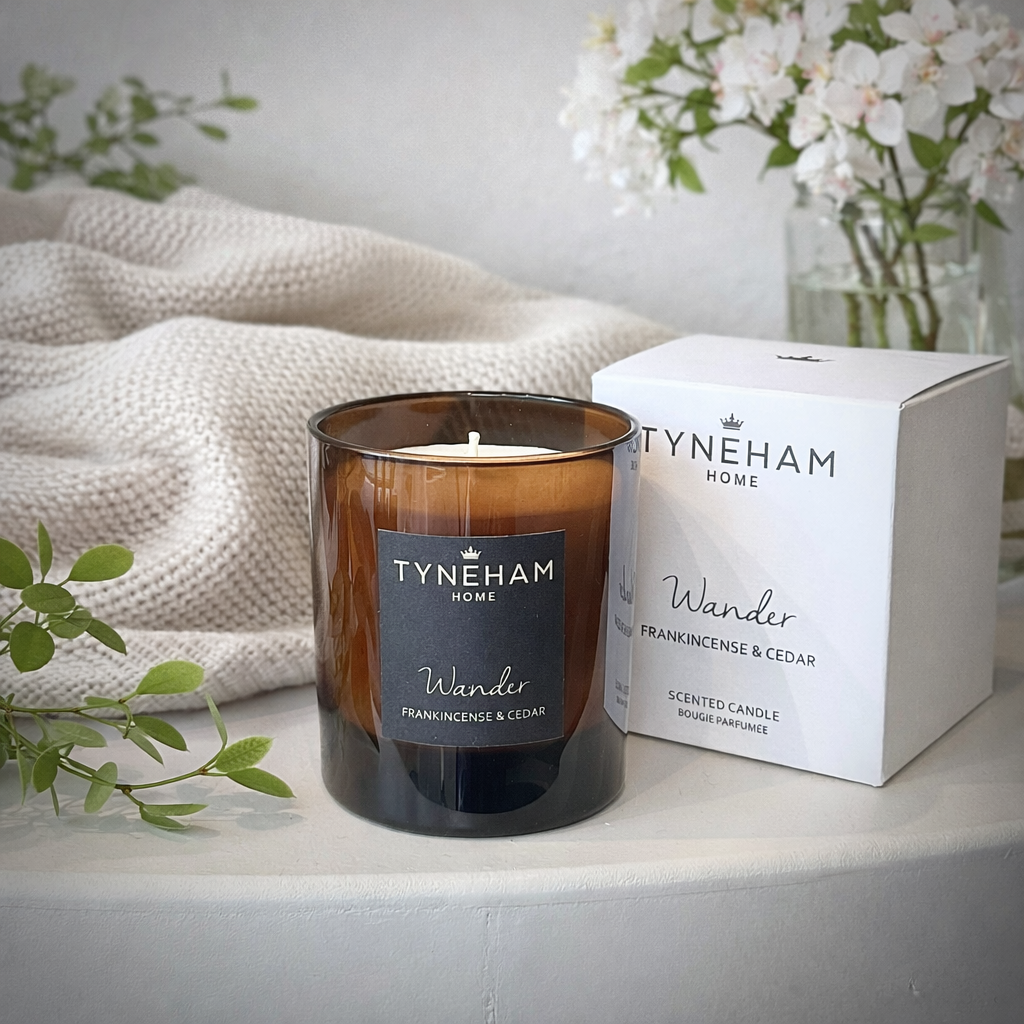 Tyneham wander candle in amber glass with box